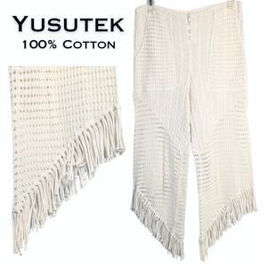 NEW Yusutex Pants Small Cream Open & Cable Knit Crocheted Cotton Beachy Fringed
